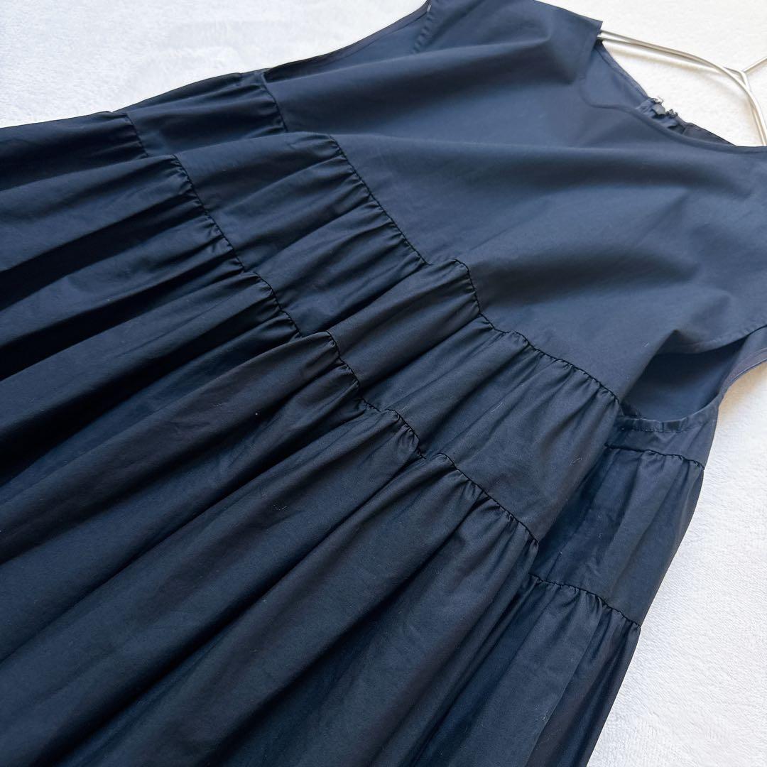 ヨーコチャン ノースリーブ ロング ティアード ギャザーワンピース ネイビー S