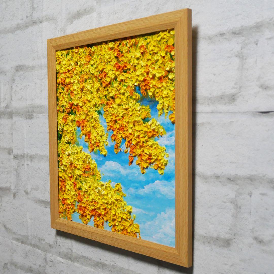 油絵 油彩 油彩画 絵 絵画 【青空に咲くミモザ 】