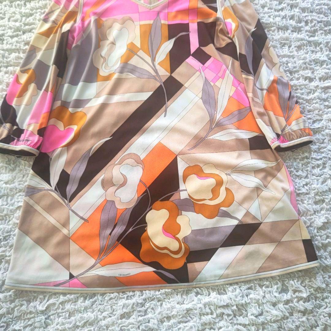 LEONARD　ロゴ入り　幾何学×フローラル　七分袖　チュニック　サイズ３