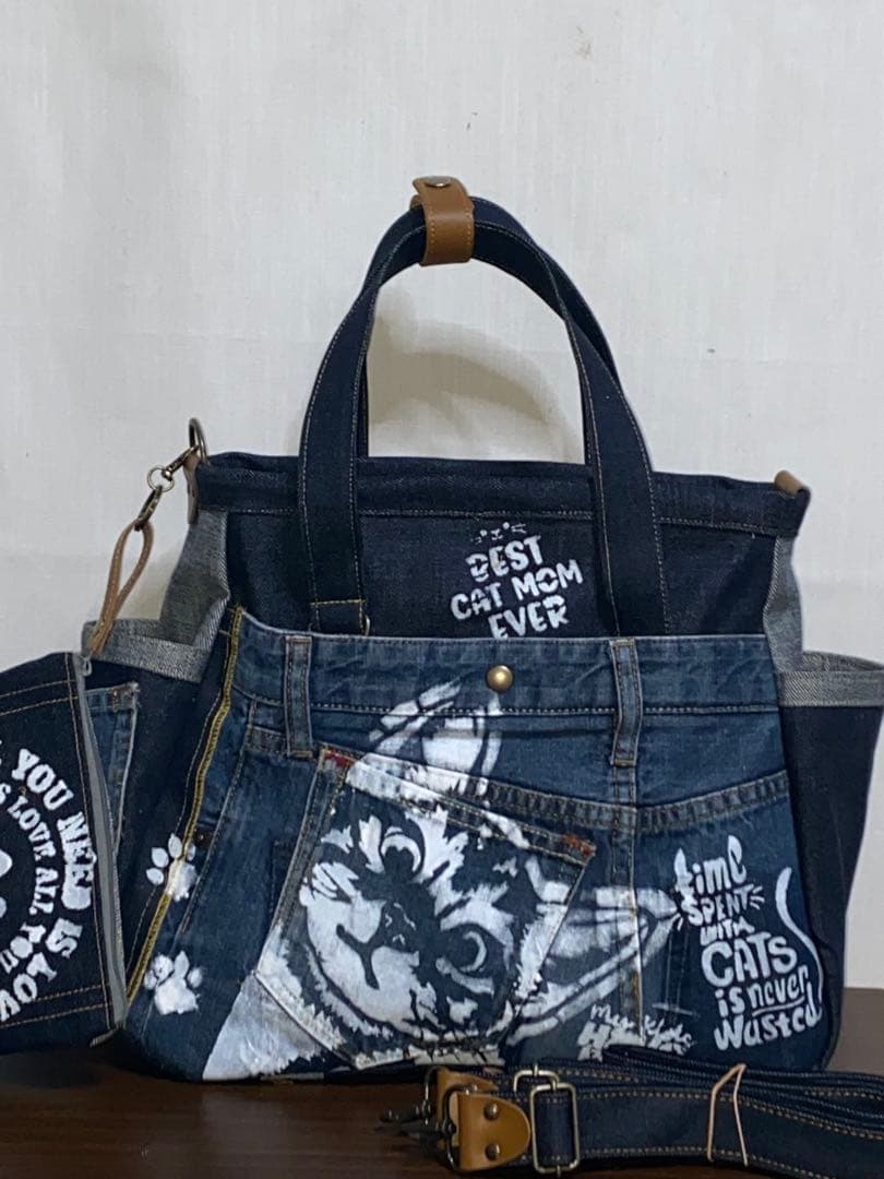 セール☆岡山デニム☆ダメージデニム☆☆トラネコ☆リュック対応☆4wayバッグ