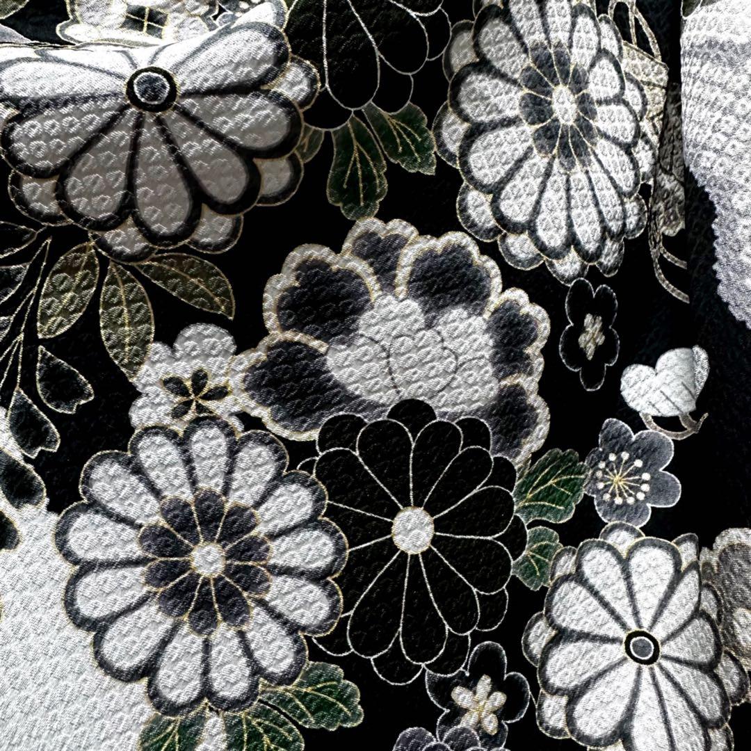 振袖　着物リメイク　ドレス　黒×菊や桜や藤の花　和柄　ワンピース　ハンドメイド