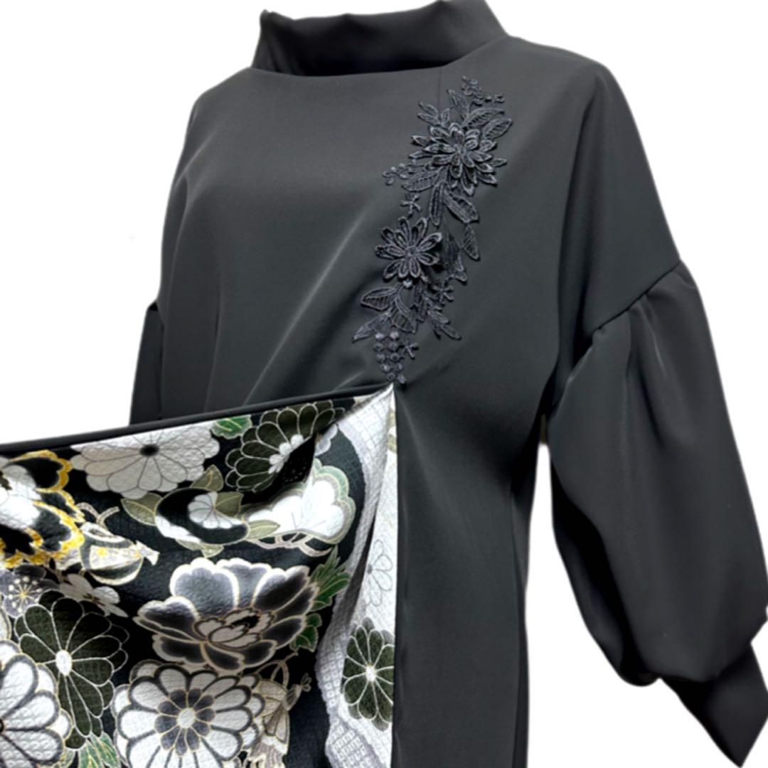 振袖　着物リメイク　ドレス　黒×菊や桜や藤の花　和柄　ワンピース　ハンドメイド