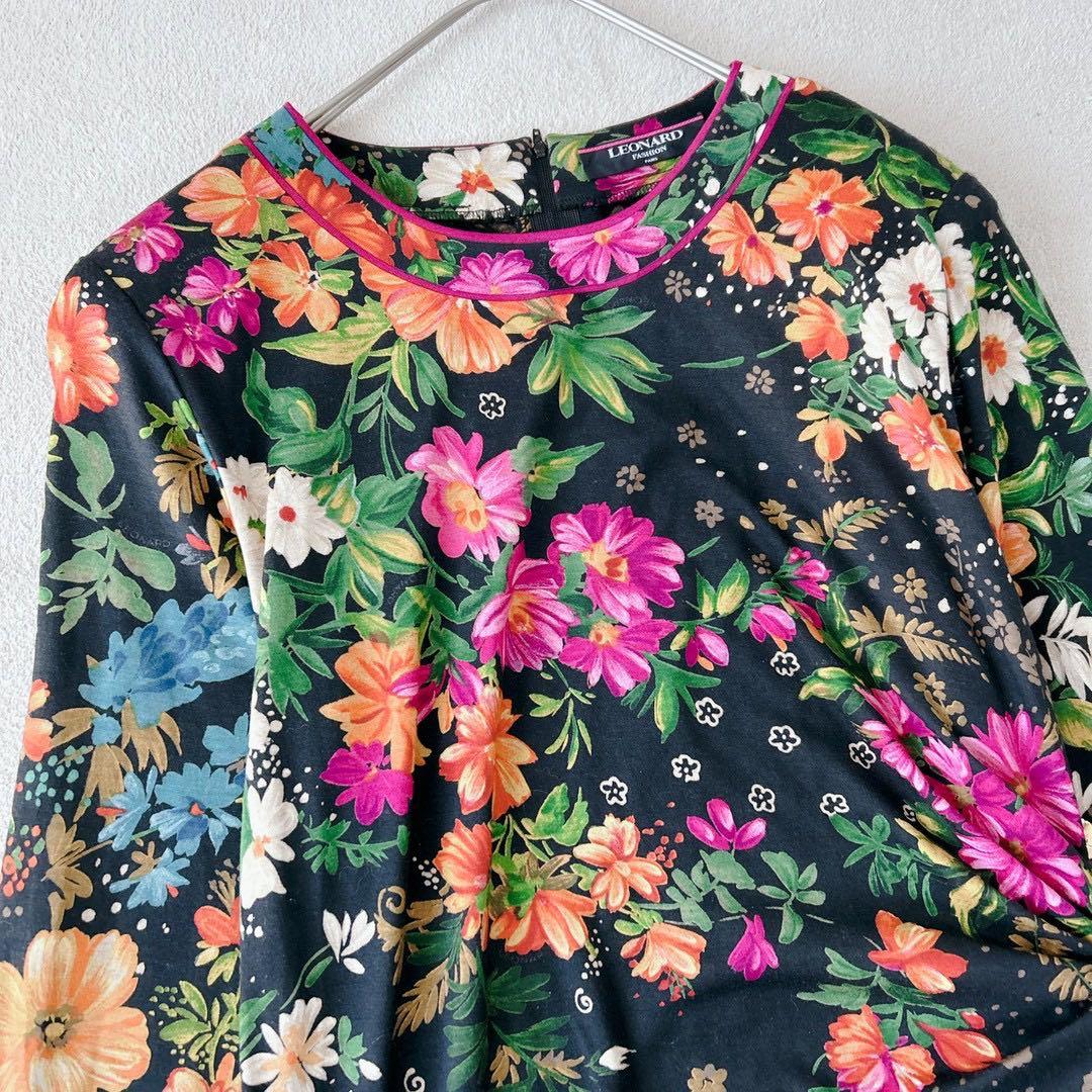 美品✨レオナール　チュニック　ブラウス　長袖　花柄　トリム　シルク　L