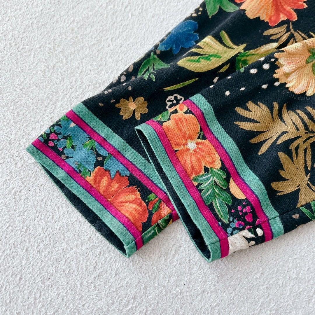 美品✨レオナール　チュニック　ブラウス　長袖　花柄　トリム　シルク　L