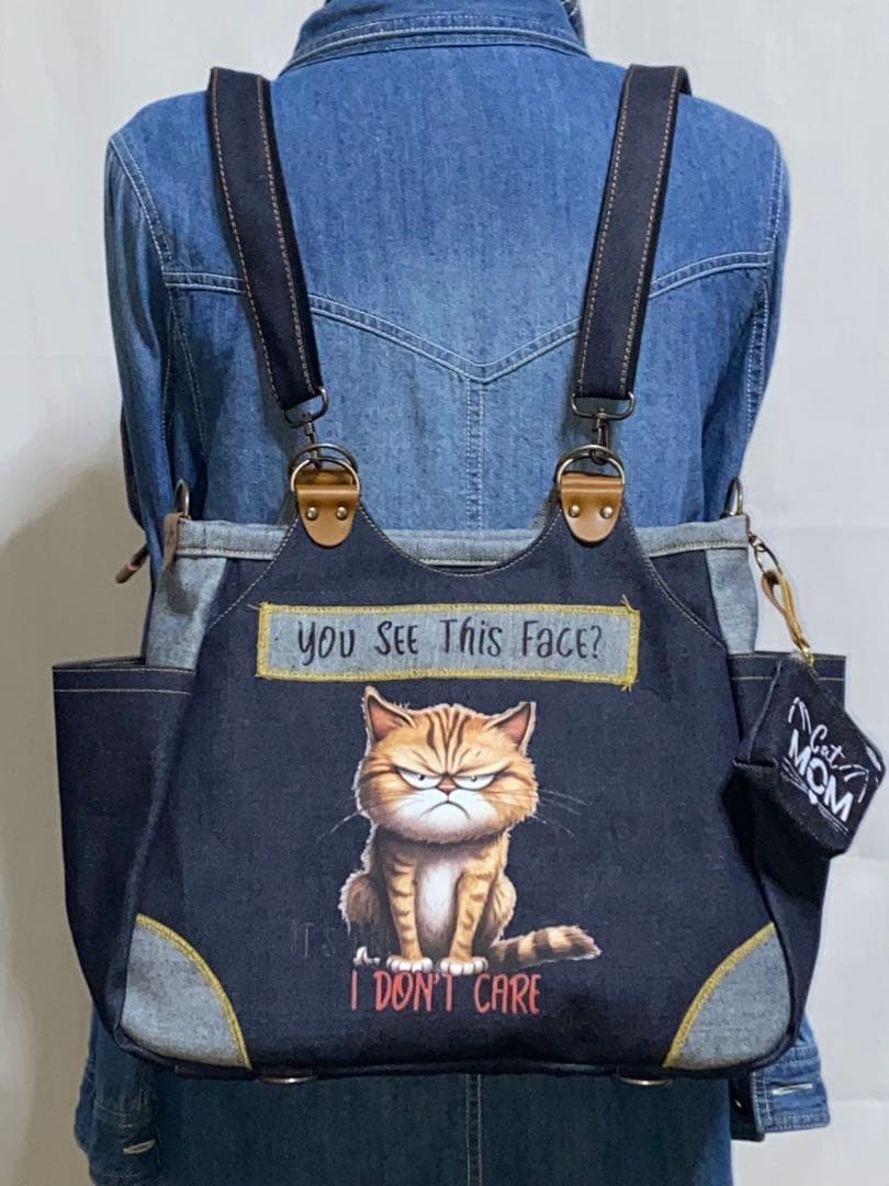 ☆両面リュック対応☆岡山デニム☆悪ネコ☆ステンシル☆4wayあおりバッグ