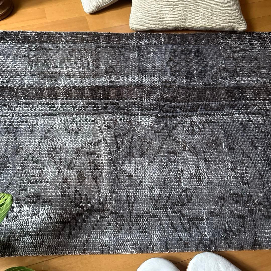 62×137.5 ダークグレイオーバーダイ　ボタニカル　トルコヴィンテージラグ