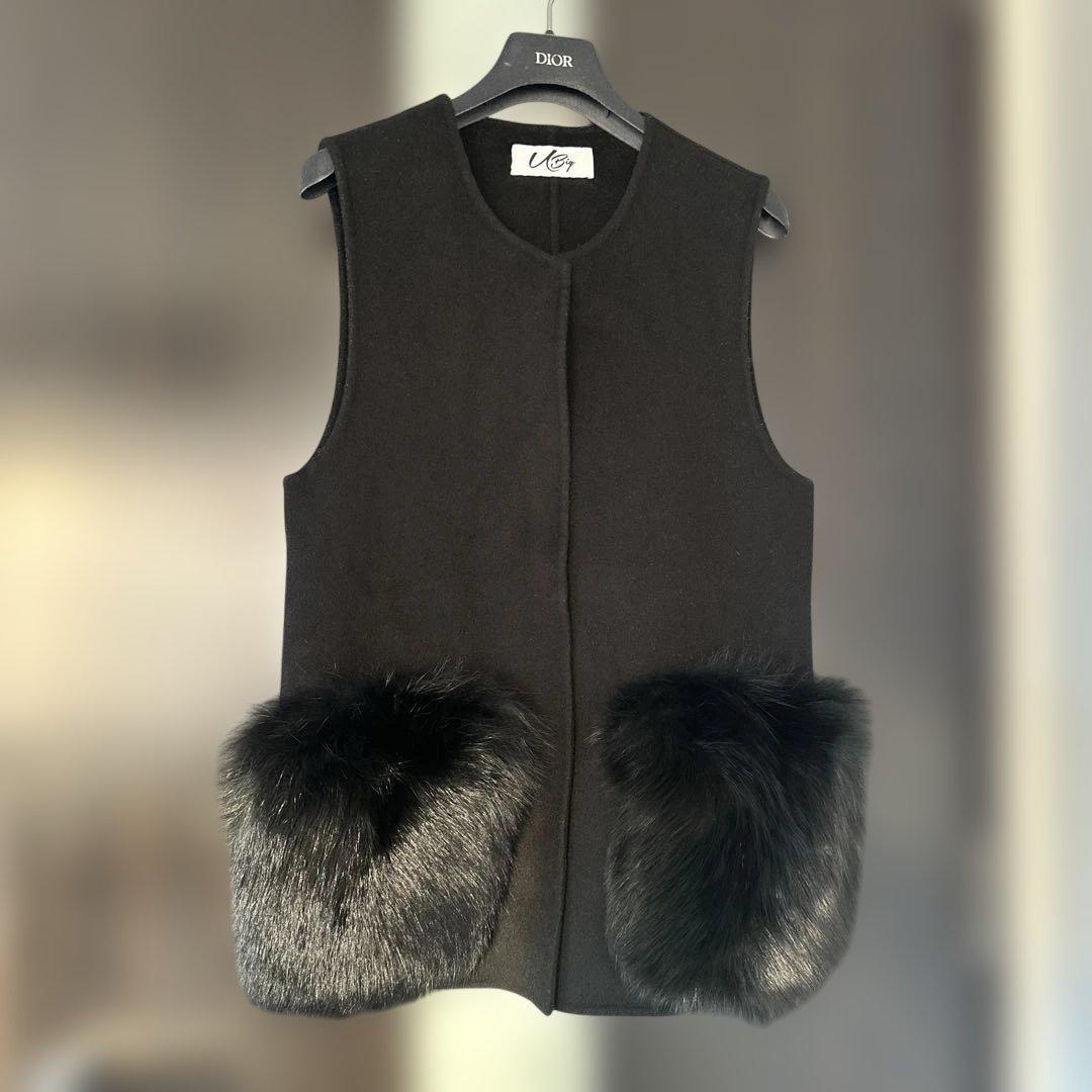 U Big ポケットファー付き ジレ ベスト M ブラック