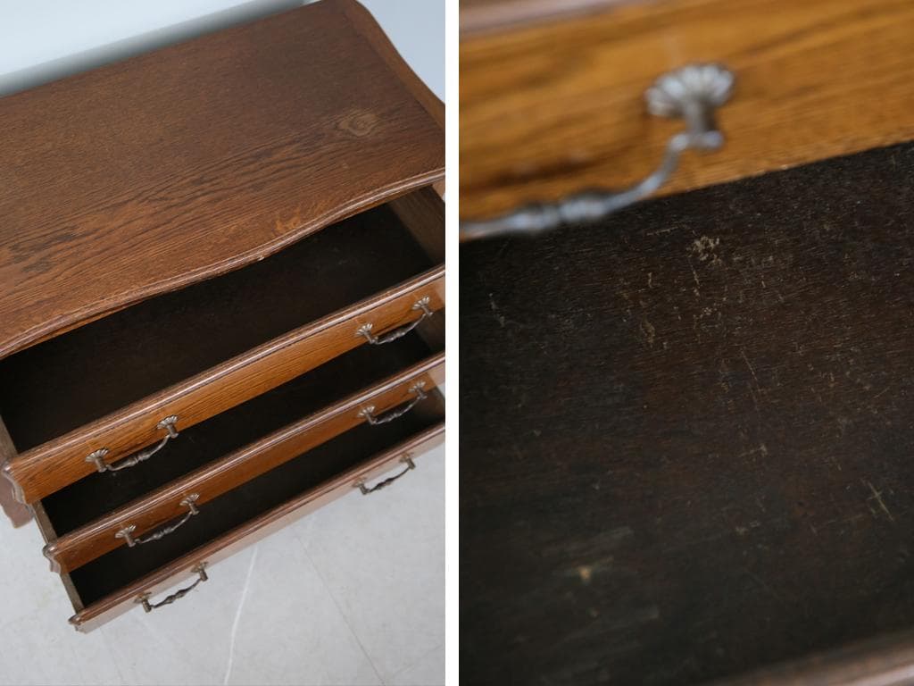 フランスアンティーク猫脚3杯ドロワー/木製チェスト/タンス/飾り棚(90-152