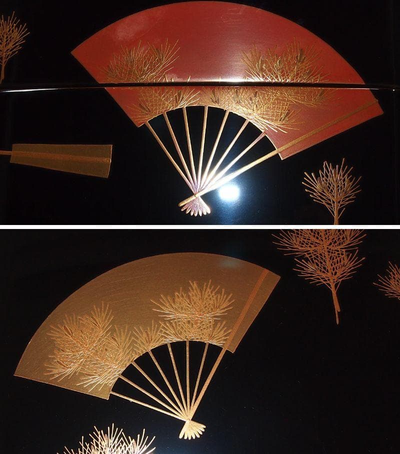 【美品】輪島塗 わじま慶塚 扇面に松蒔絵 四段重箱 台付き＆屠蘇器 お重/酒器