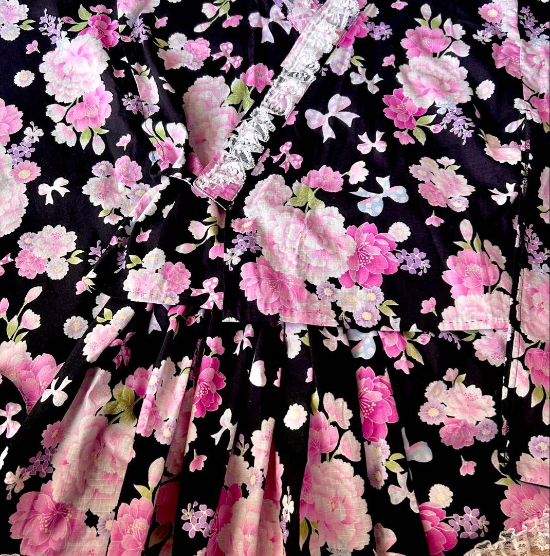 浴衣ドレス♡黒ピンク♡リボン柄150160ML♡おそろい2点ありますキティクロミ