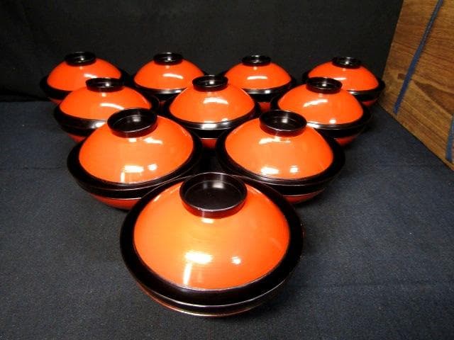 ★朱塗椀　楽器金蒔絵　吸物椀　木製漆器　和楽器　共箱蓋裏に銘　計10客★