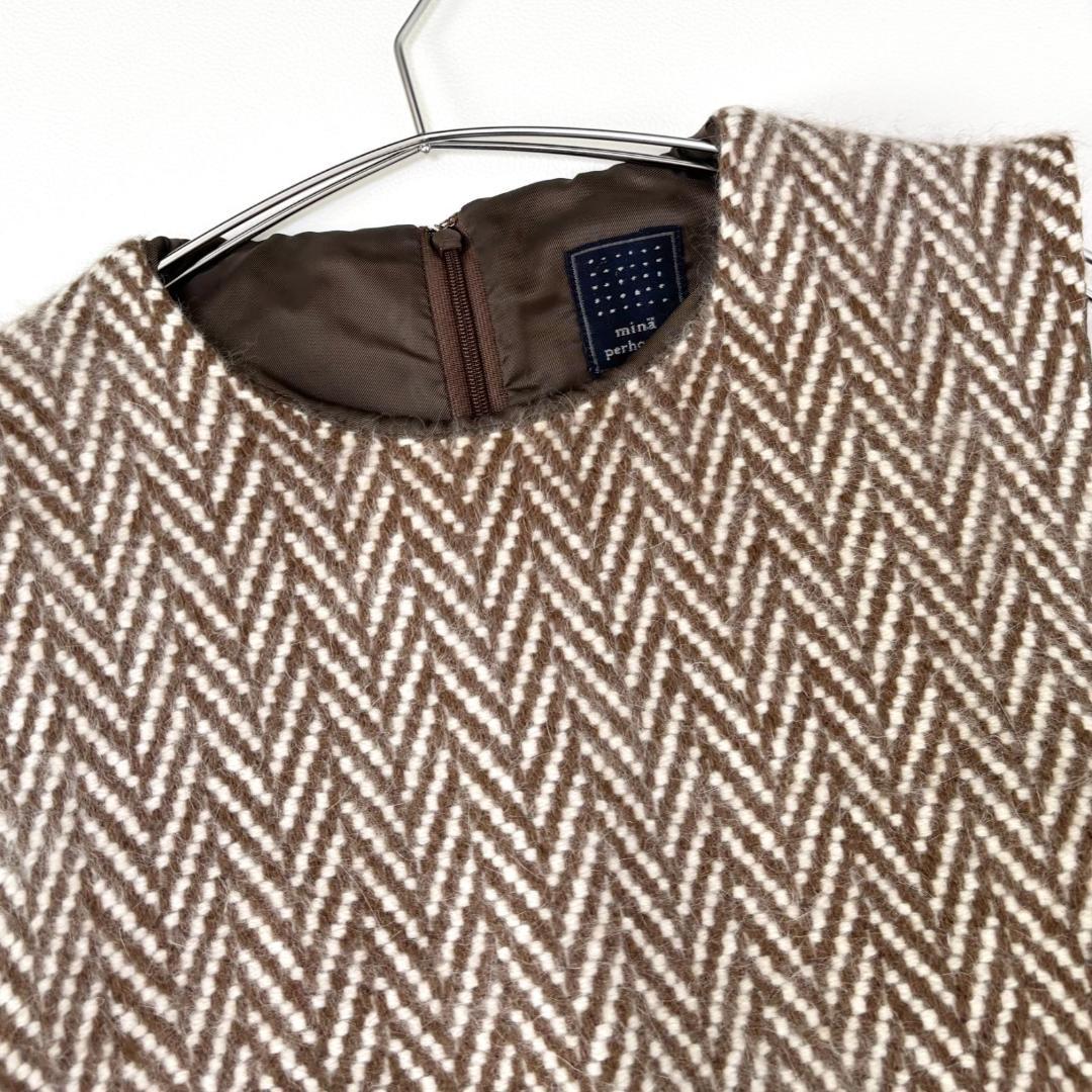 ミナペルホネン abeille ヘリンボーン ワンピース アンゴラ混　ノースリ