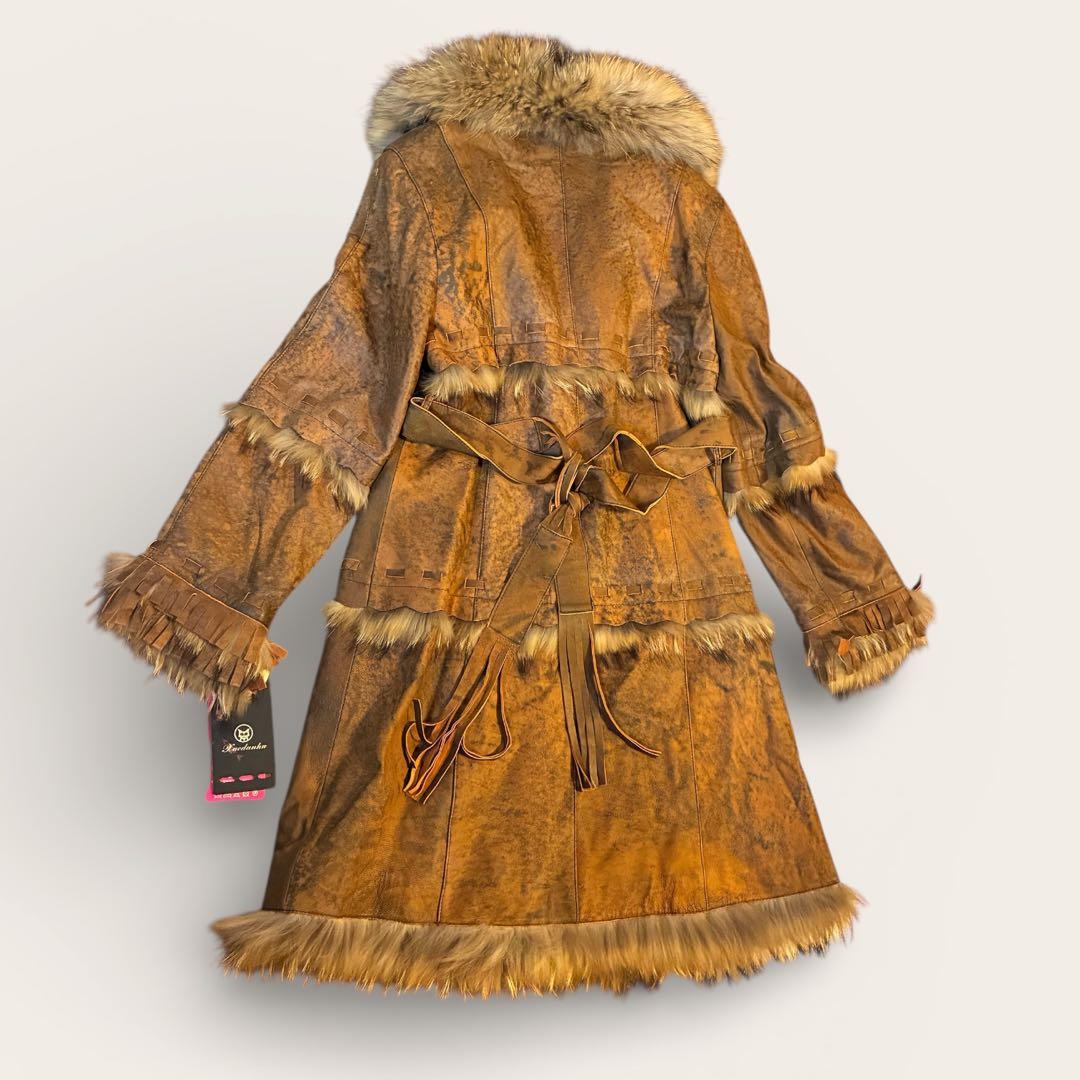 フェアリーグランジ リアルファー レザーロングコート 総柄裏地　ベルト　Y2K