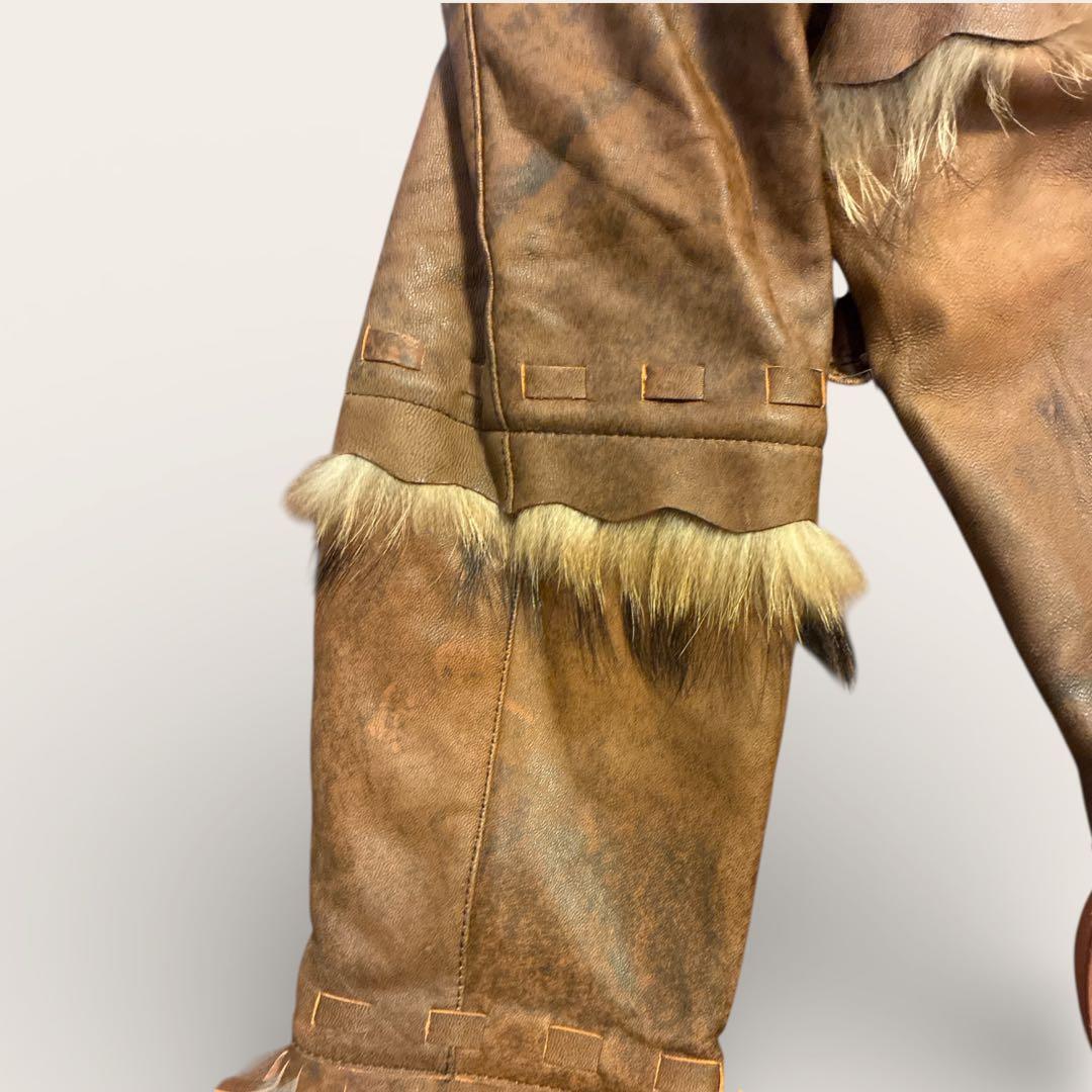 フェアリーグランジ リアルファー レザーロングコート 総柄裏地　ベルト　Y2K