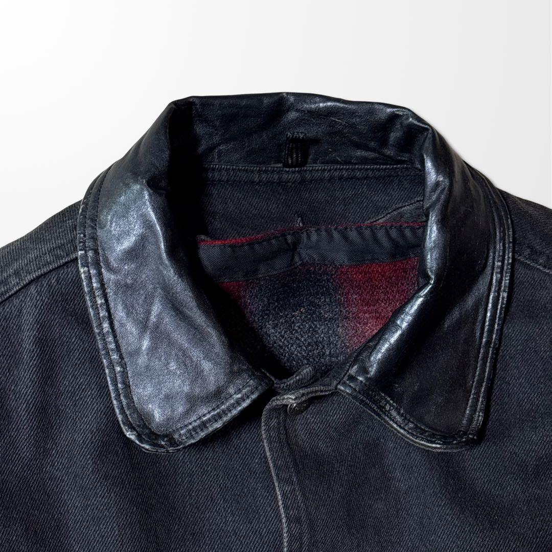 デニム　レザー　ワーク　ジャケット　襟レザー　ブラック　チョア　古着　ブラック