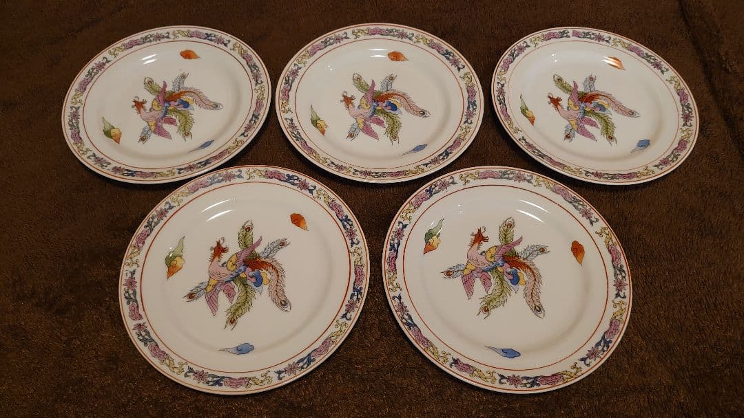 古玩　中国陶器　中皿　７寸皿　鳳凰　蔵出し　５客