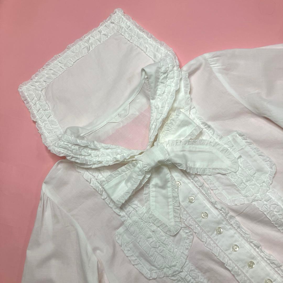 ピンクハウス 白 ピコフリル使い サッシュリボン付き 綿ローンセーラーブラウス