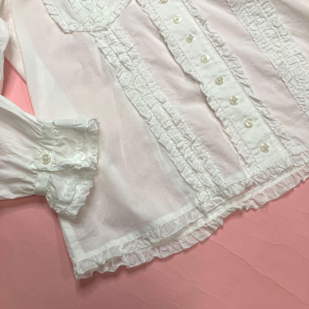 ピンクハウス 白 ピコフリル使い サッシュリボン付き 綿ローンセーラーブラウス