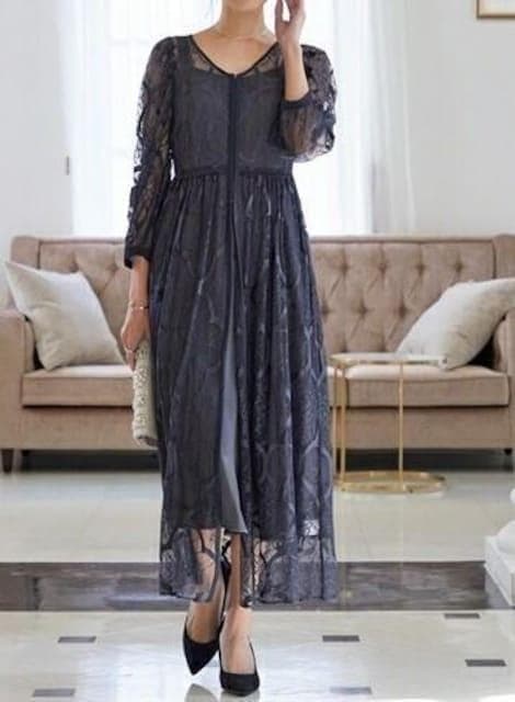 新品☆Lくすみカラー♪総レース重ね着ワンピースドレス♪着回し◎♪結婚式☆a173