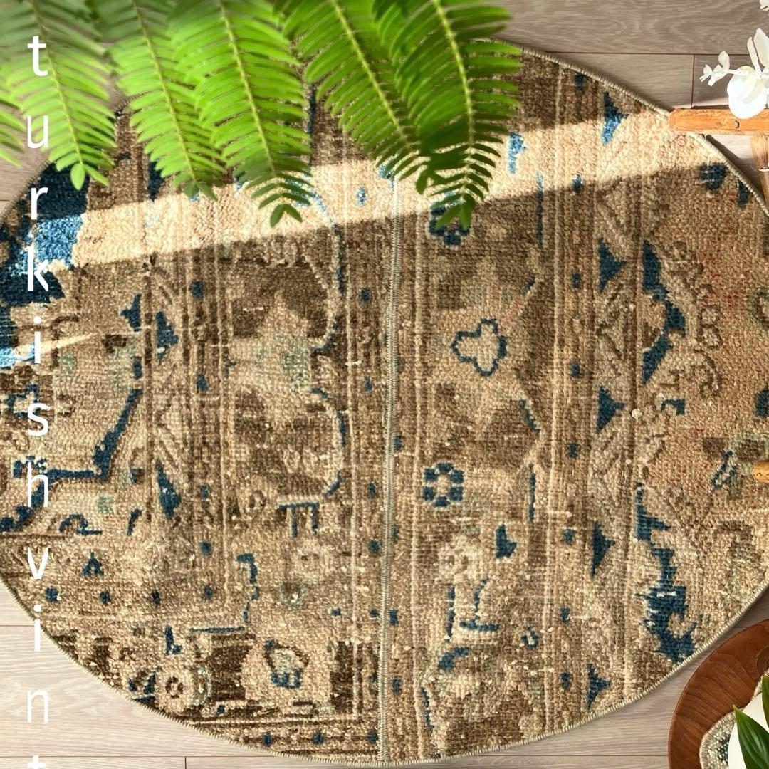 75×88✳︎楕円ラウンド　ブラウン　ブルー　パッチワーク　トルコヴィンテージラグ