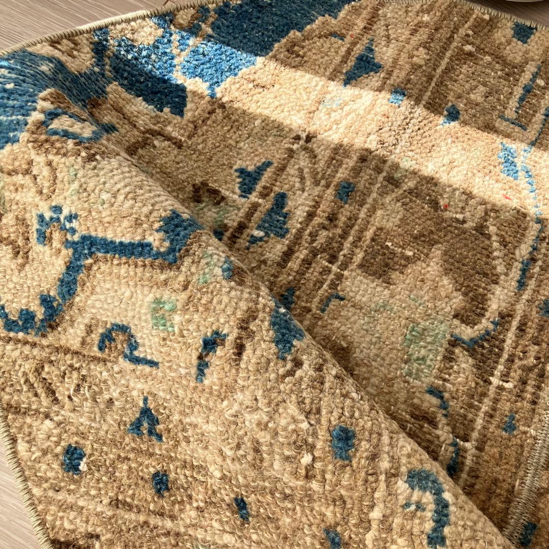 75×88✳︎楕円ラウンド　ブラウン　ブルー　パッチワーク　トルコヴィンテージラグ
