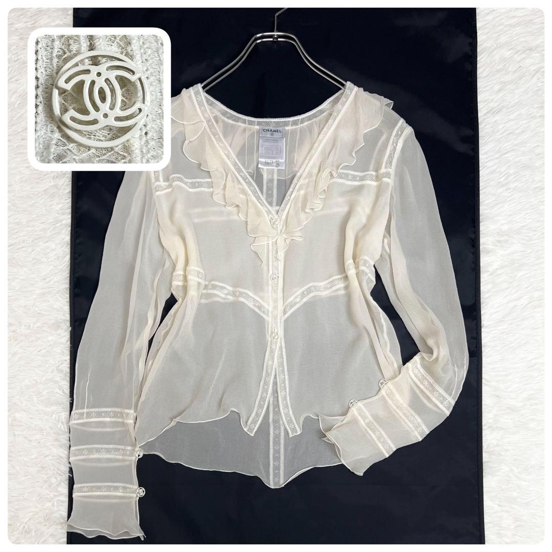 ココボタン✨ CHANEL シャネル フリルシアーシャツブラウス シルク 40