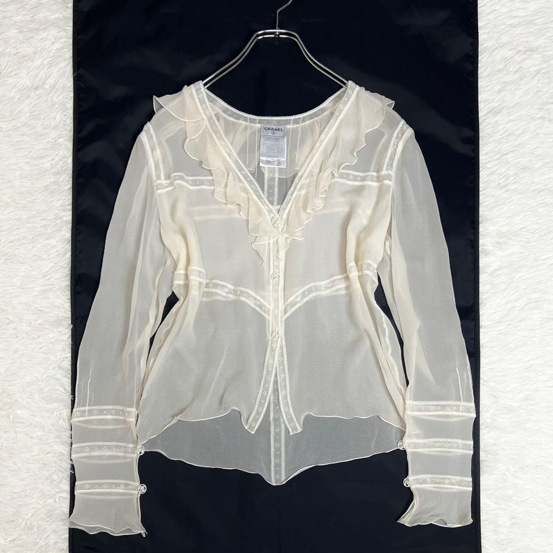 ココボタン✨ CHANEL シャネル フリルシアーシャツブラウス シルク 40
