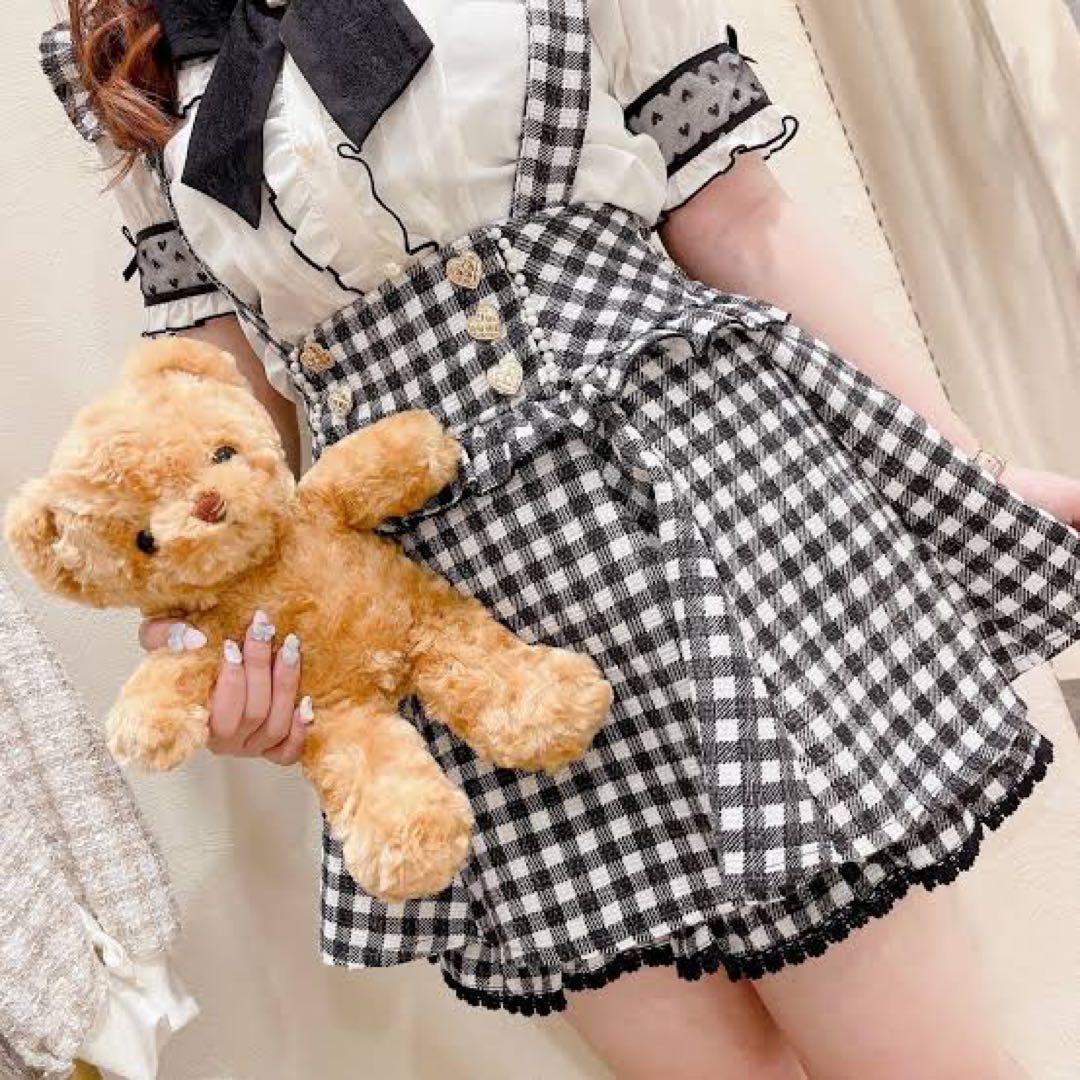 リズリサギンガムツイードサスペンダー付きスカパン　ブラック