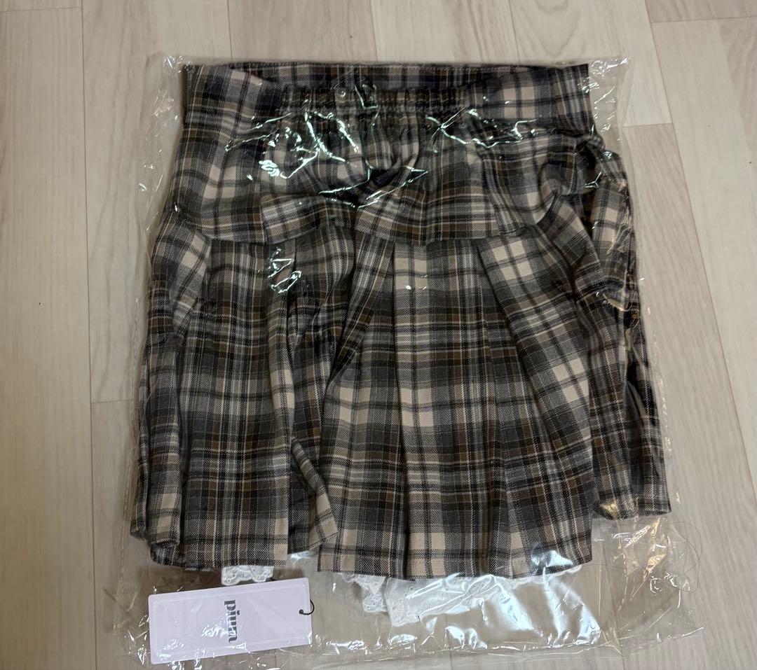 piumミニリボンコットンフリルプリーツスカート ベージュチェック