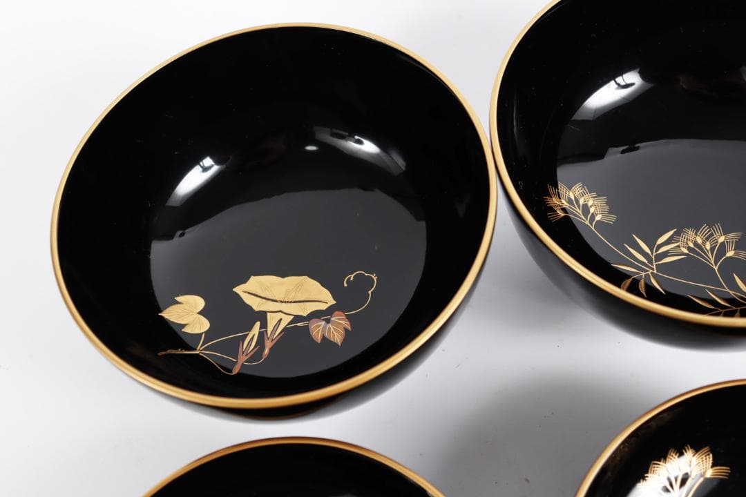 輪島塗 草花絵替 図替 蒔絵 煮物椀 五客 浅己　浅見②