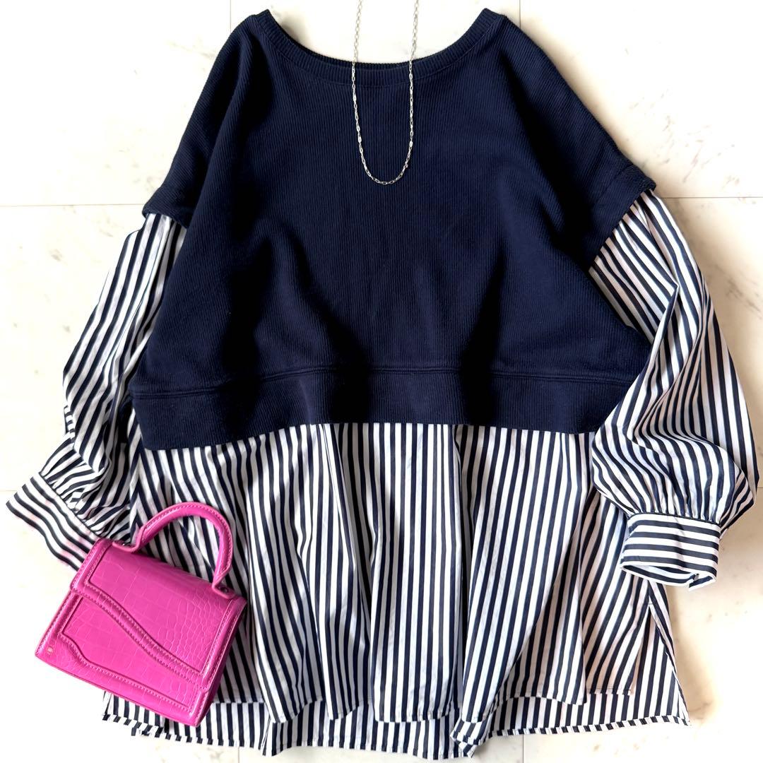 美品 レリアン 大きいサイズ17＋ ドッキングカットソー×ストライプシャツ 紺
