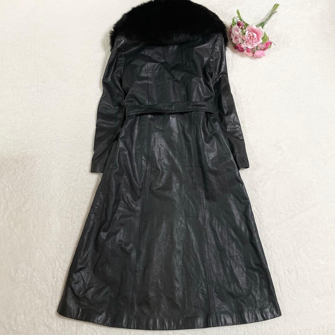 着丈112cm フォックス レザー ロングコート ベルト レディース ブラック