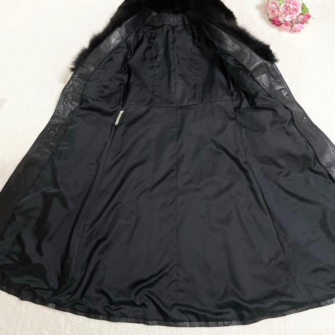 着丈112cm フォックス レザー ロングコート ベルト レディース ブラック