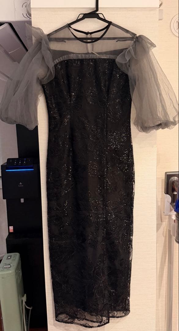 フラワースパンコールシアーフリルスリーブIラインワンピースドレス