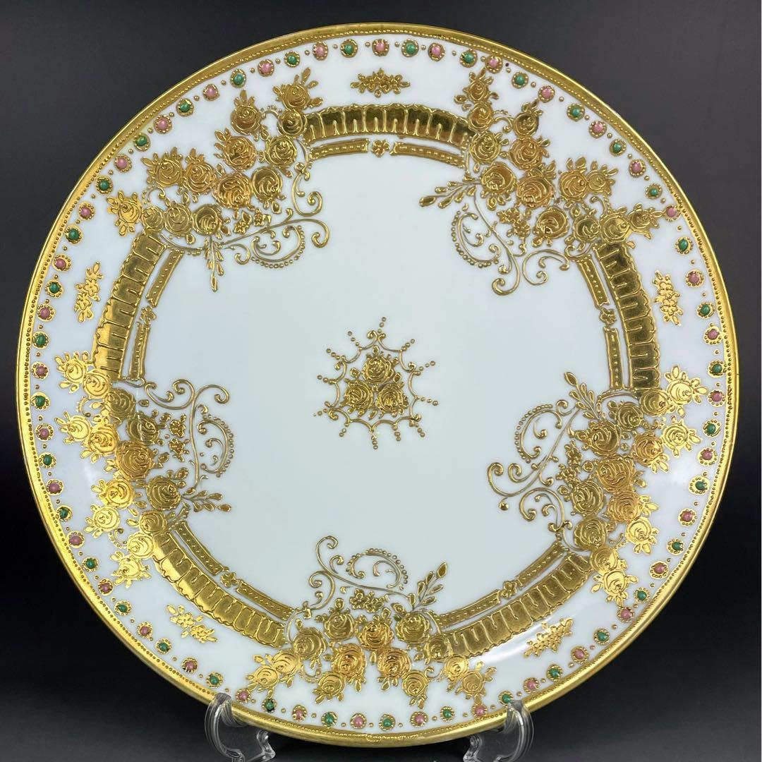 オールドノリタケ ２４．１cm ジュエル エナメル 金盛り プレート 皿
