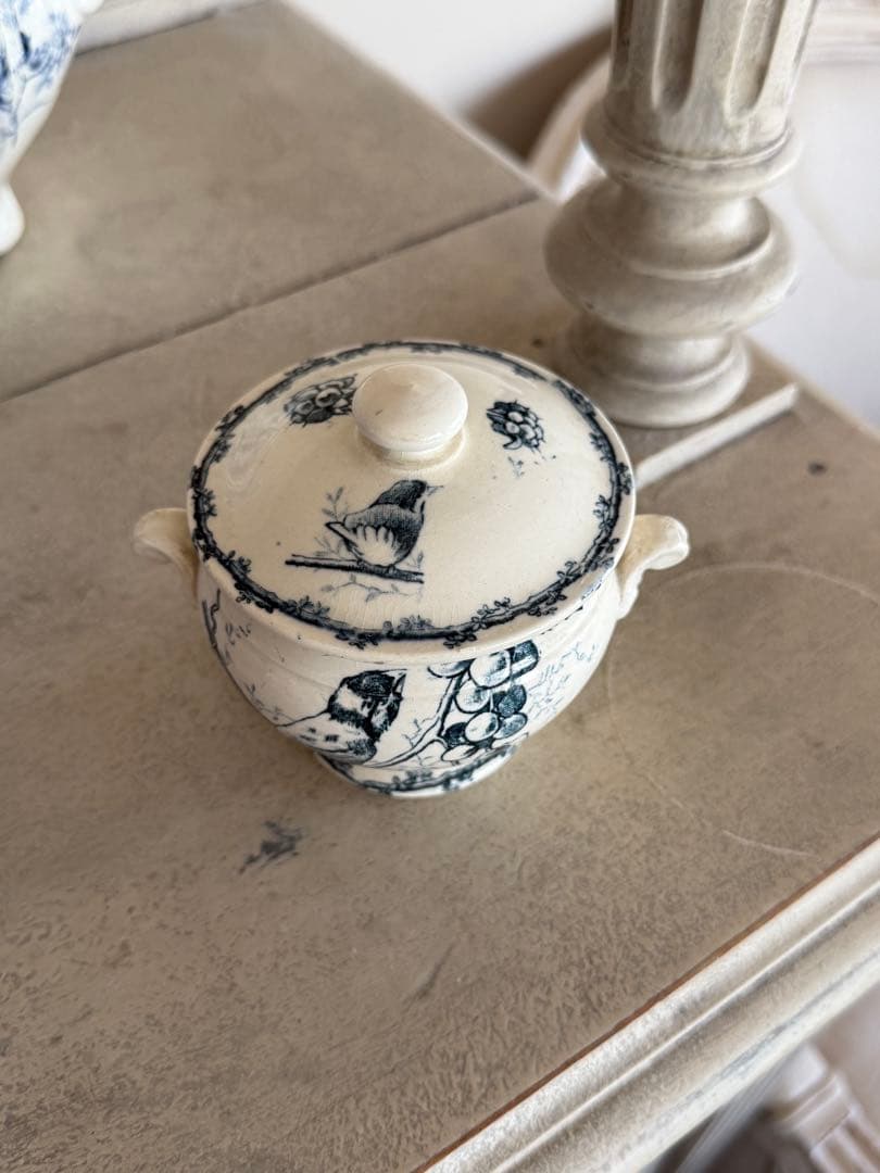 フランスアンティークデイネットおままごと陶器小鳥とベリー果実の絵柄スーピエール