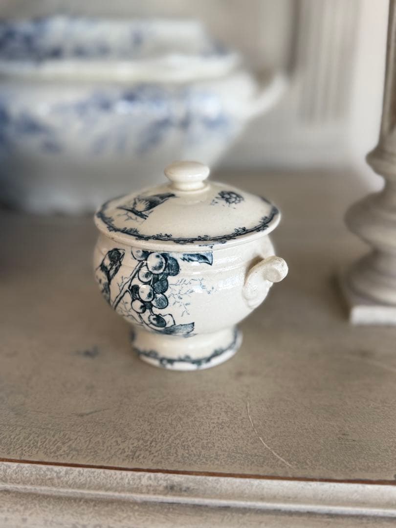 フランスアンティークデイネットおままごと陶器小鳥とベリー果実の絵柄スーピエール