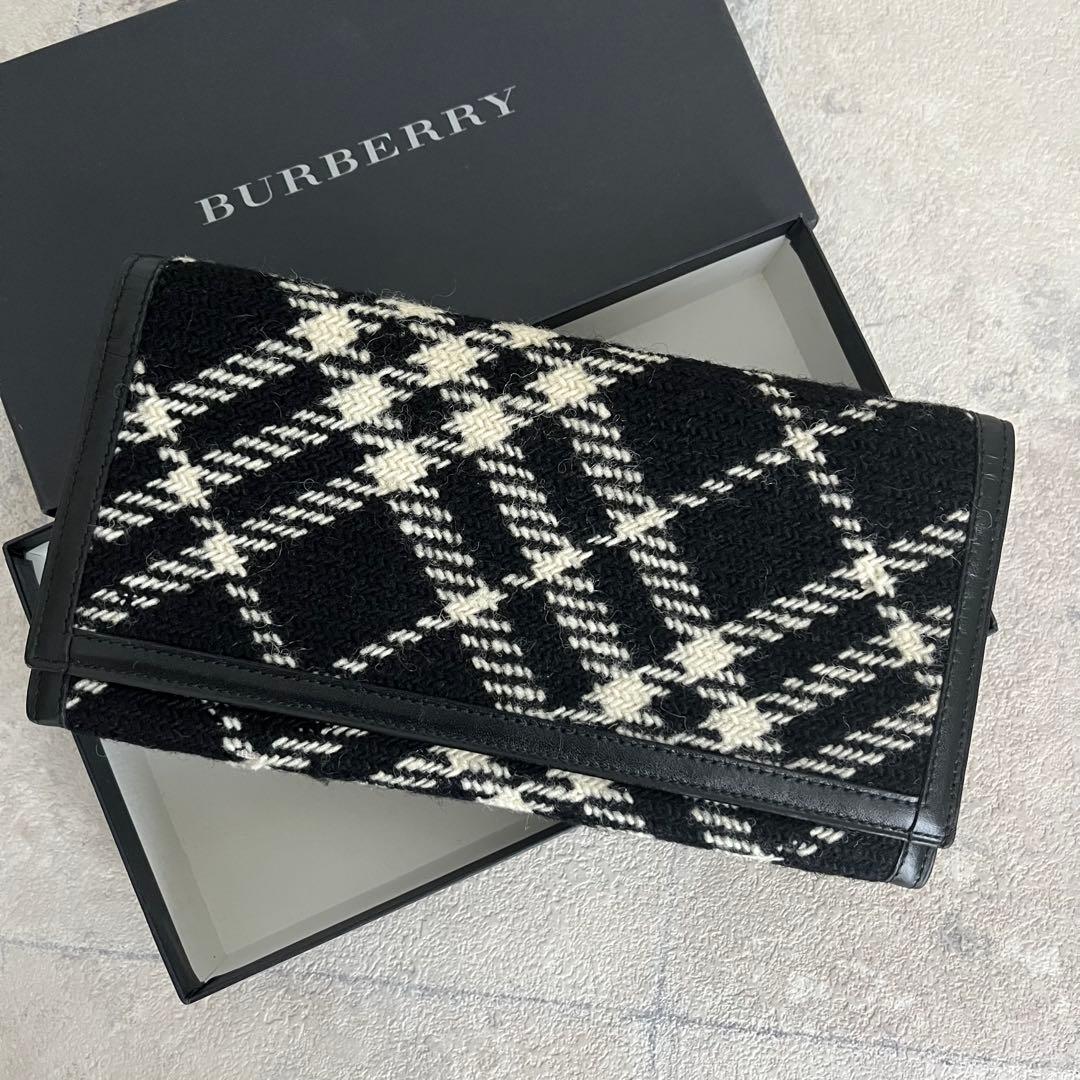 極美品✨️バーバリー チェック柄 長財布 ウール レザー モノトーン フラップ