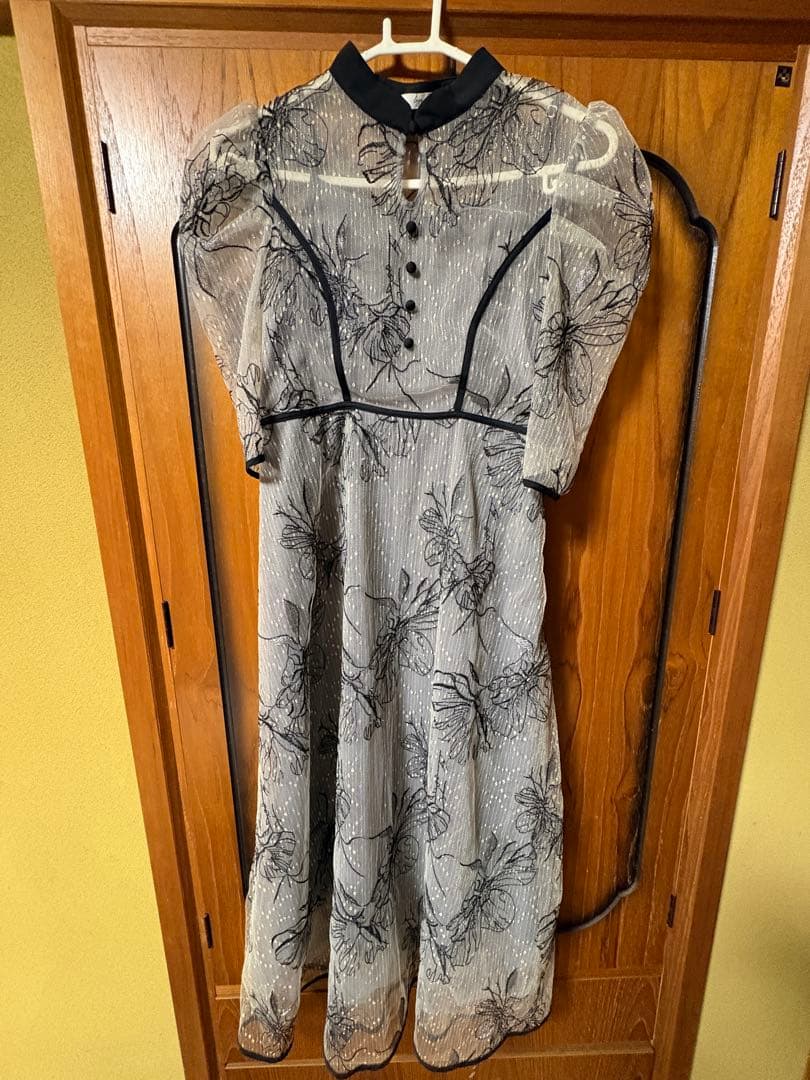 Leja配色パイピングプチハイネック花柄刺繍ラメレースロング丈ドレスワンピースS