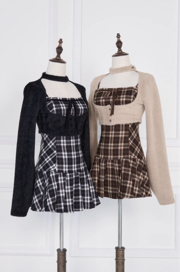 bunnylis ファーボレロ×チェックミニワンピ ブラウン S