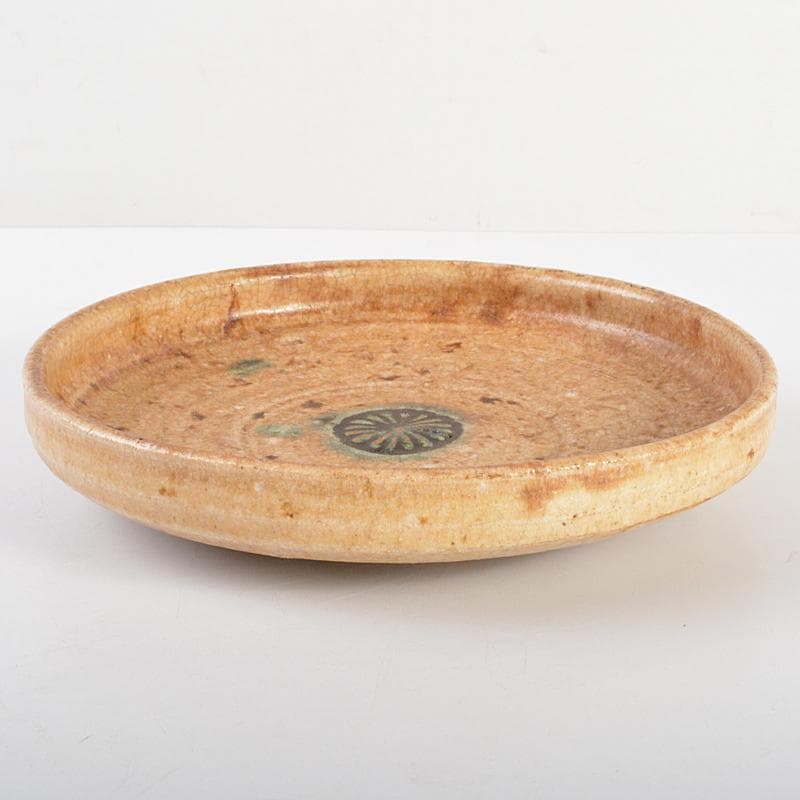 人間国宝　荒川豊蔵作　黄瀬戸　菊紋皿　共布　鵬雲斎極め箱　M　R6945