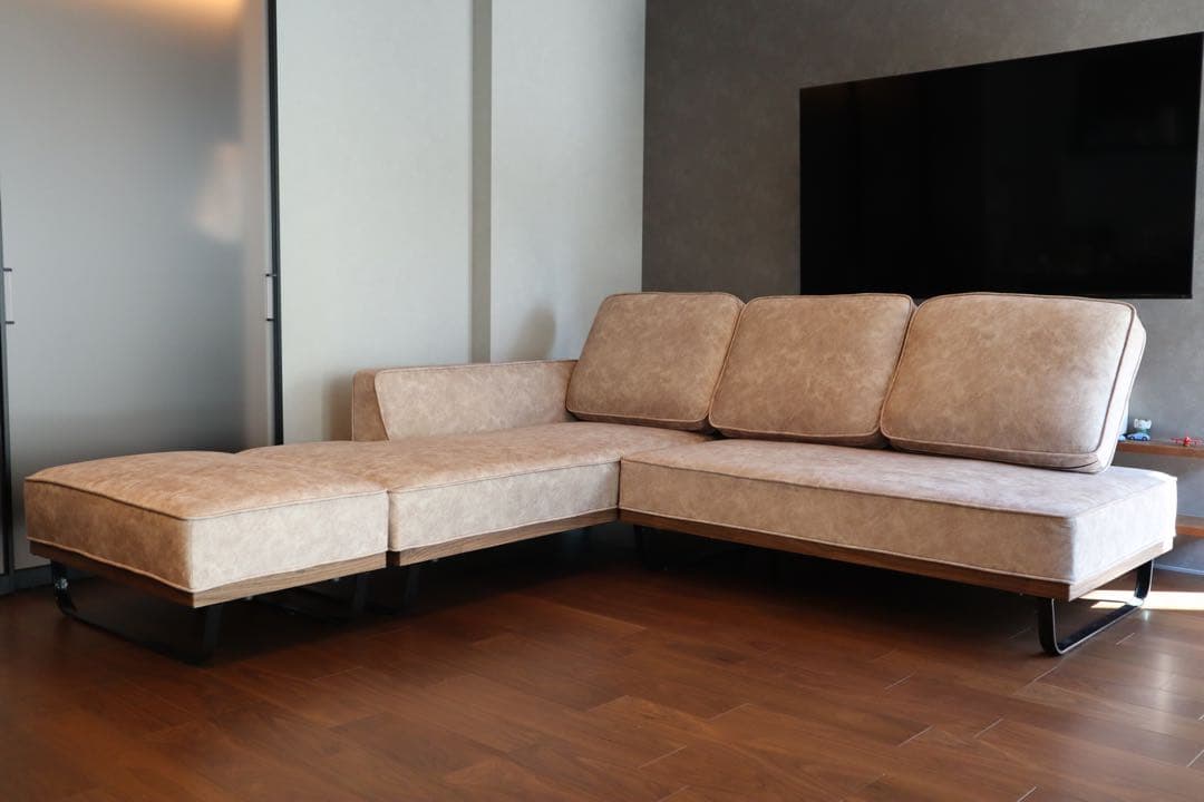 【りよ】分割出品① カウチソファ　ベージュ　スムーステック