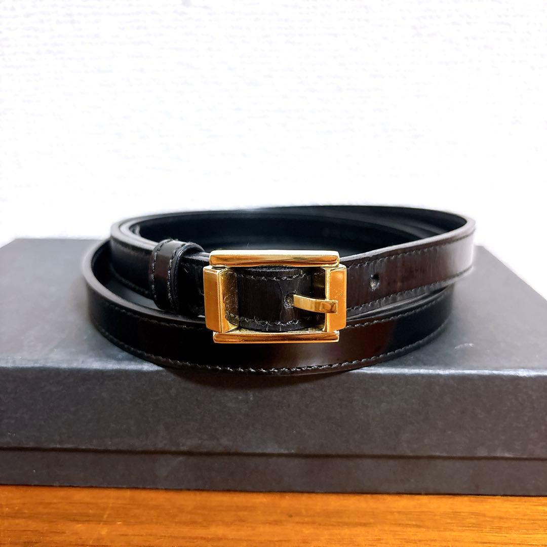 GUCCI グッチ ゴールドバックル レザーベルト ブラック 細ベルト
