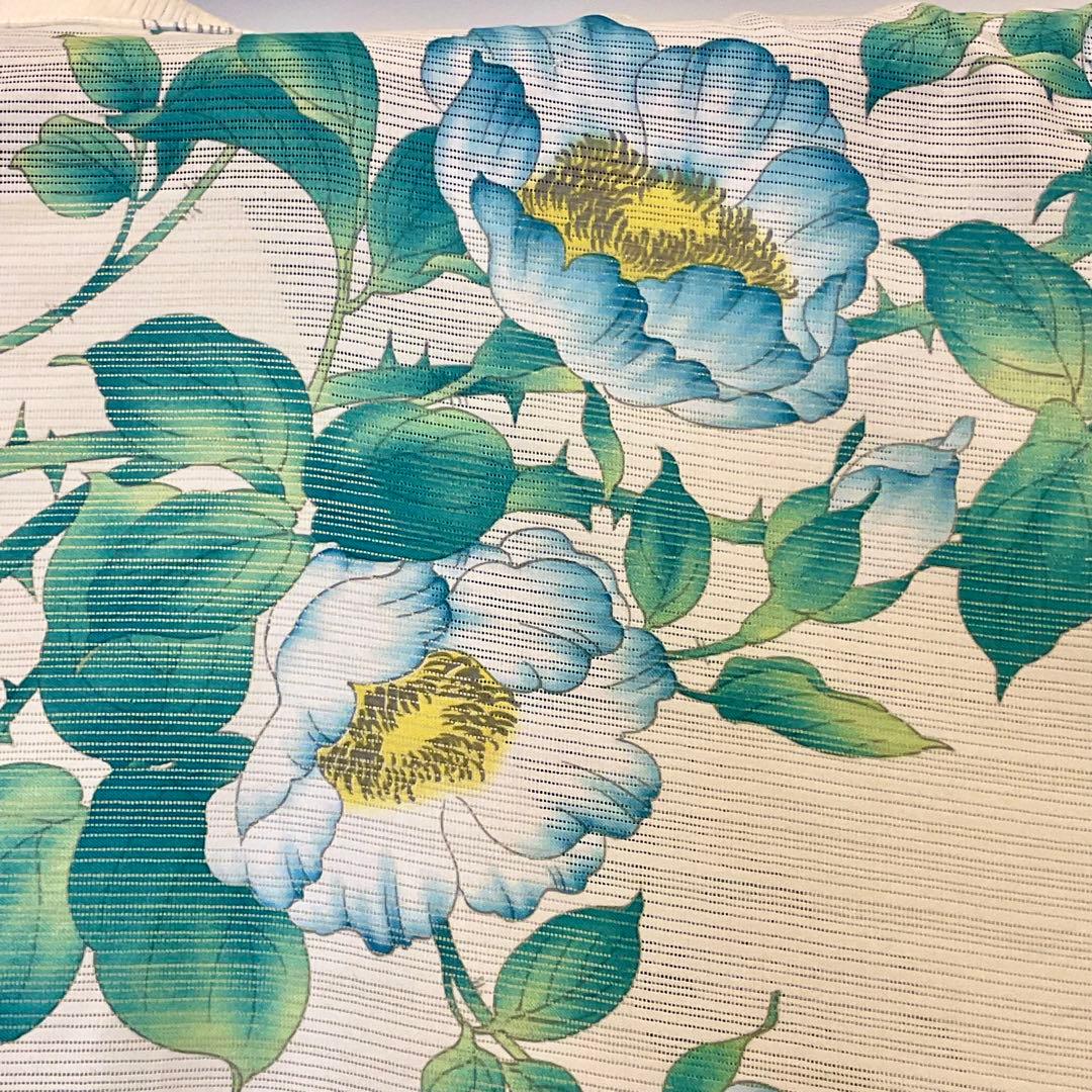 古今　綿絽浴衣　大胆で美しい野薔薇と綺麗なブルーバードの舞