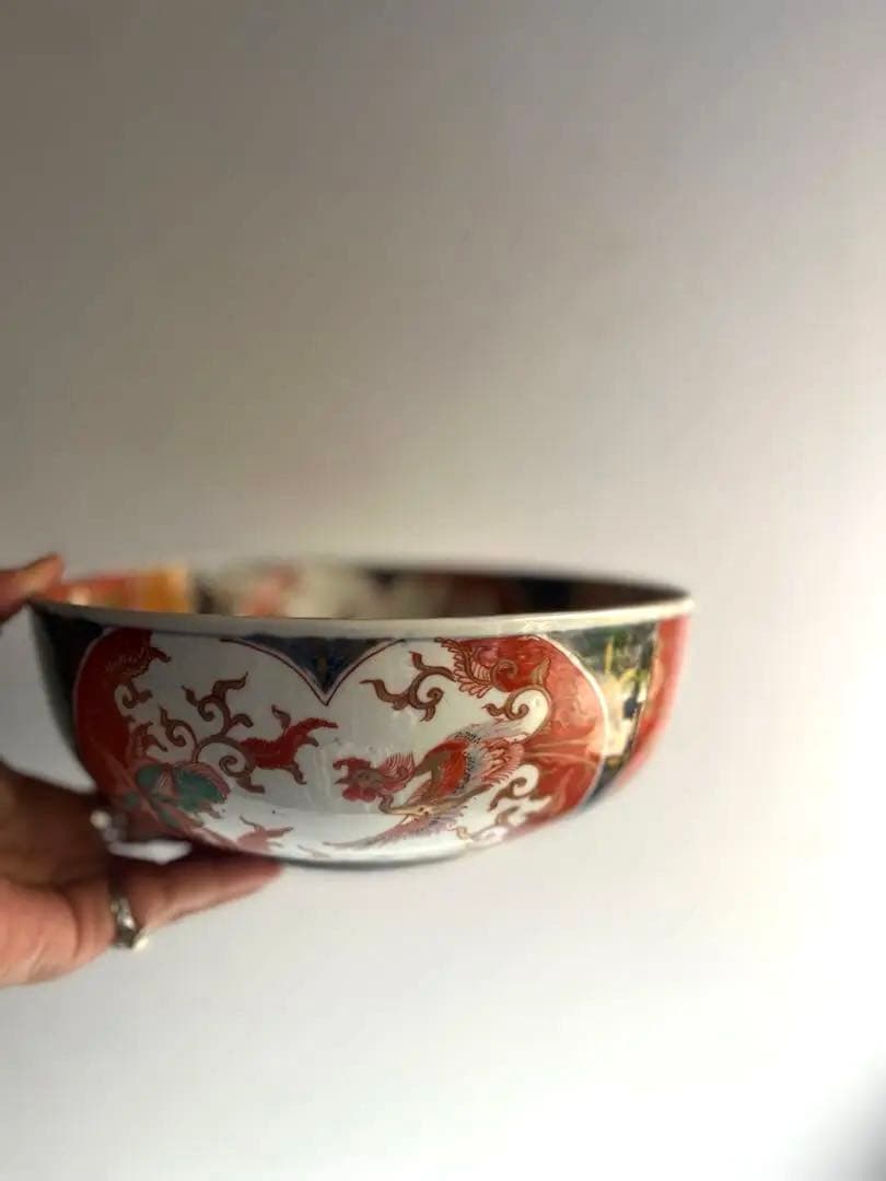 517 骨董 アンティーク 古伊万里 染付 色絵金彩窓絵鳳凰図8寸鉢 富貴長春