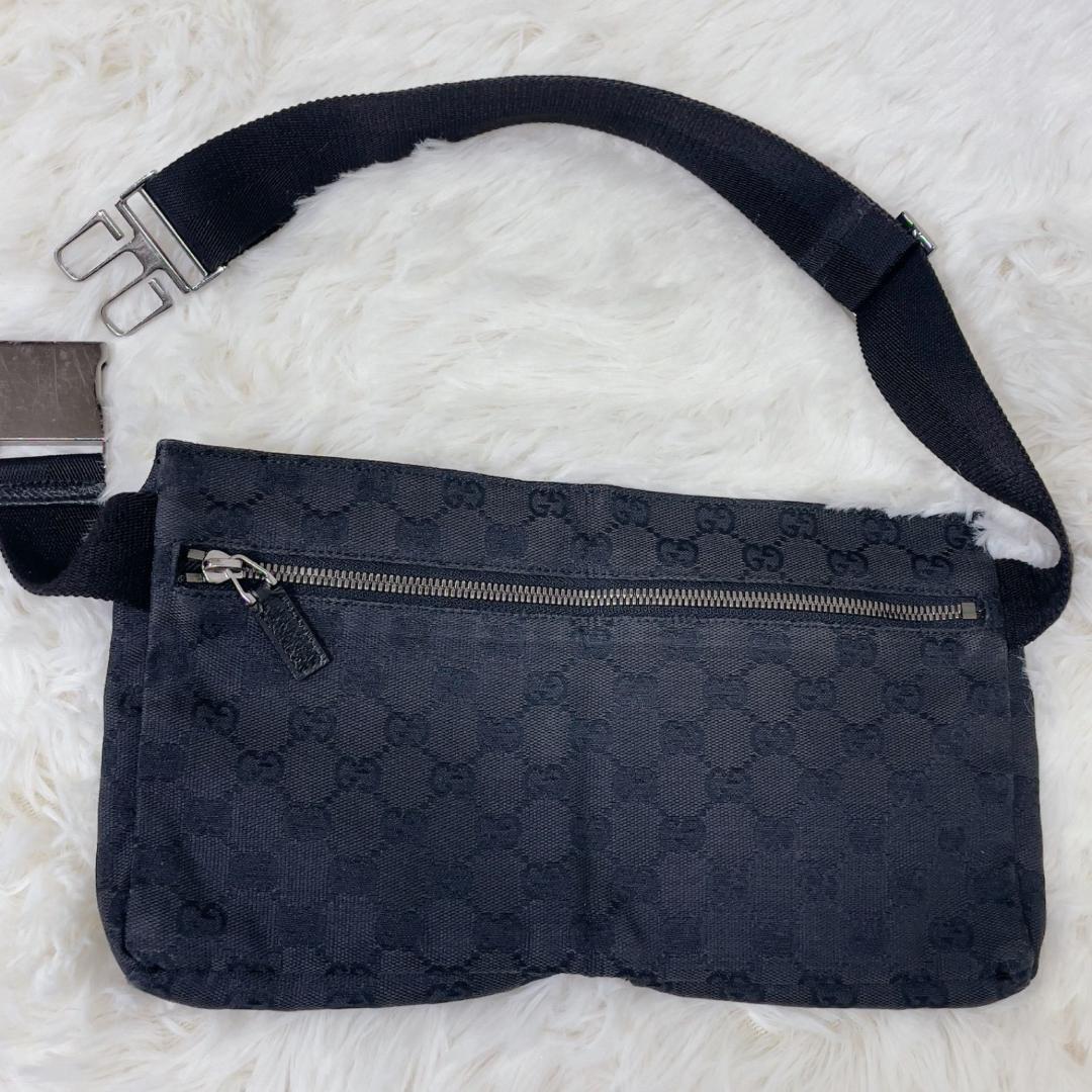 グッチ ボデイバッグ レザー ブラック GGキャンバス ウエストポーチ フラッペ
