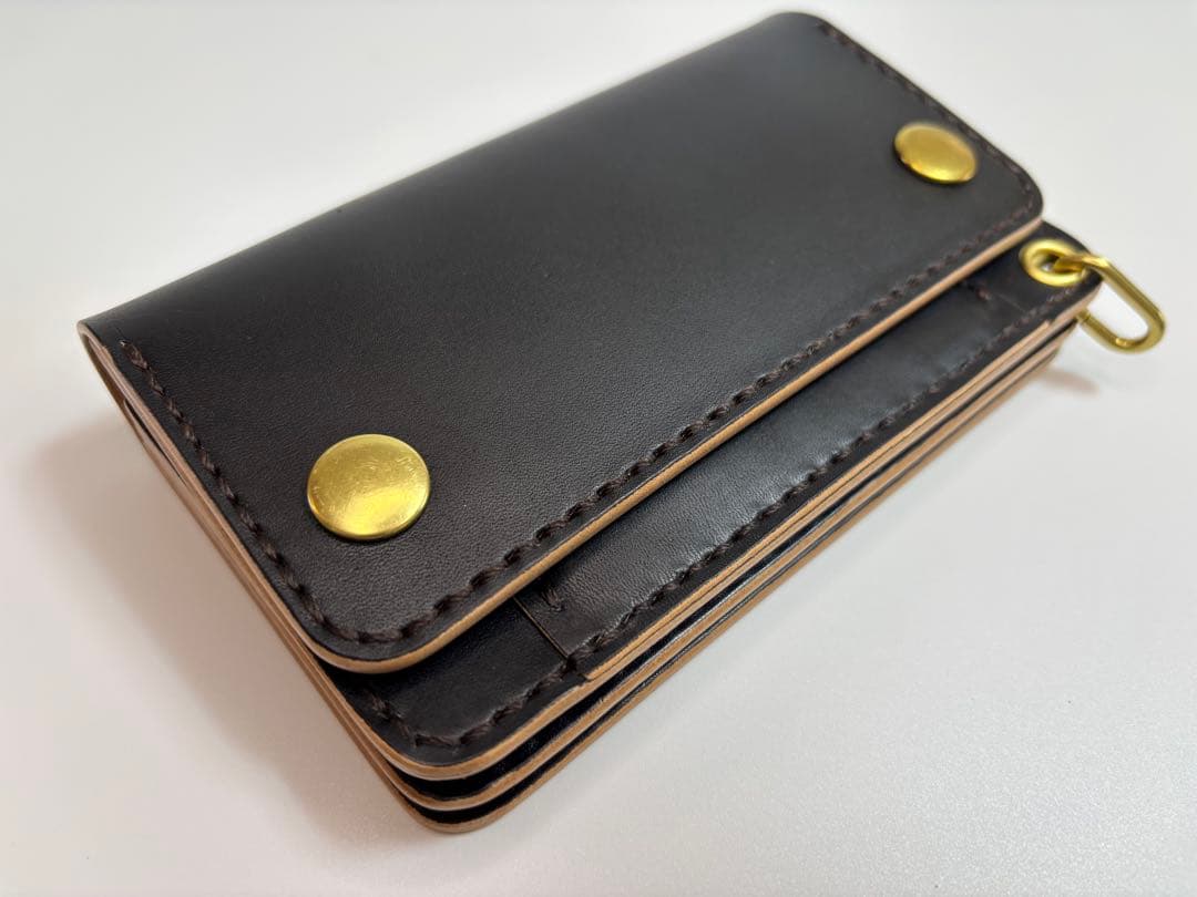 黒　ヌメ革　茶芯　丘染　トラッカーウォレット　3層　真鍮 レザークラフト