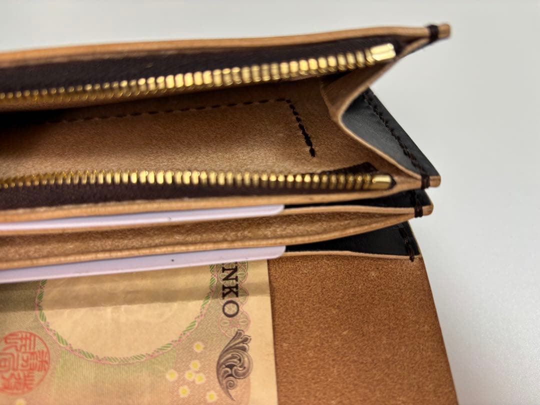 黒　ヌメ革　茶芯　丘染　トラッカーウォレット　3層　真鍮 レザークラフト