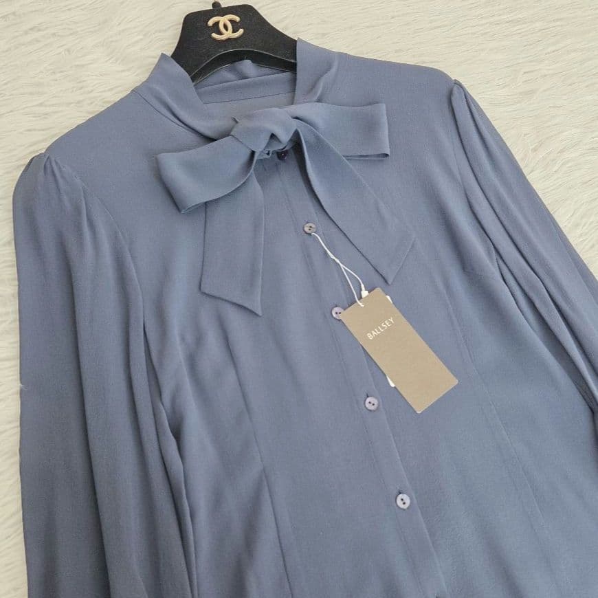 新品　BALLSEY　ブラウス　ボウタイ　シアー　M　シルク　シェルボタン