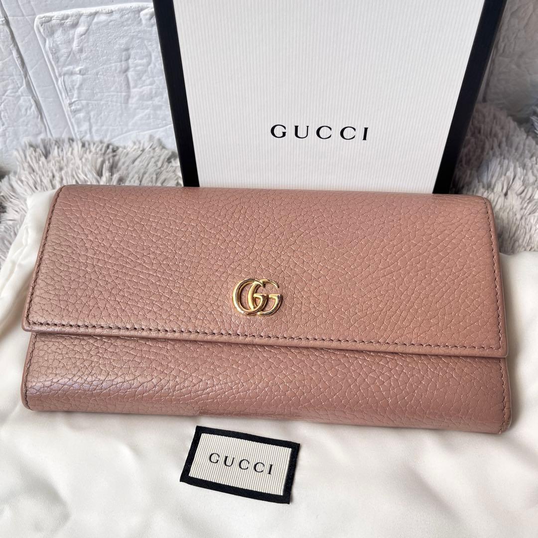 美品✨GUCCI マーモント　長財布　シボレザー　ピンクベージュ　レディース